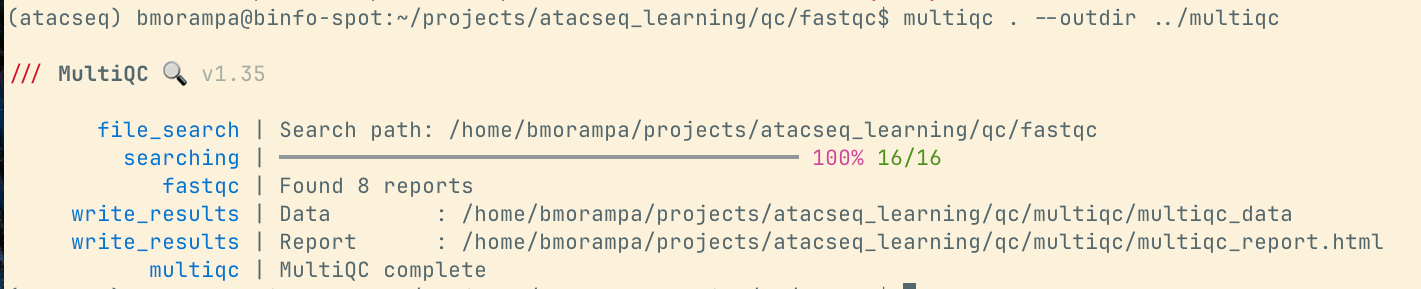 MultiQC terminal output confirming eight FastQC reports found and successful creation of multiqc_report.html and multiqc_data.