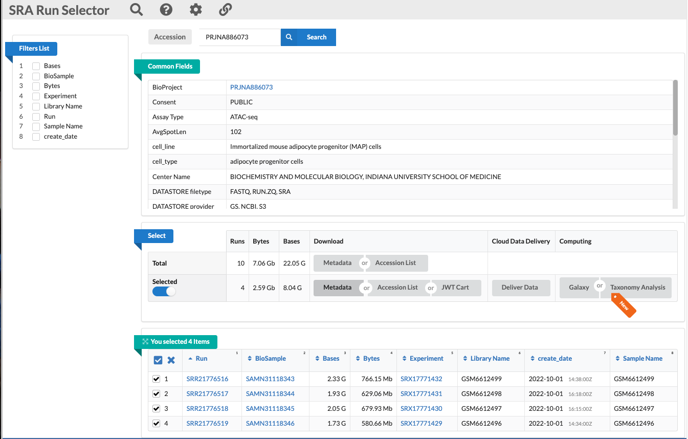SRA Run Selector showing four selected ATAC-seq runs, SRR21776516 through SRR21776519, and their GEO sample accessions.